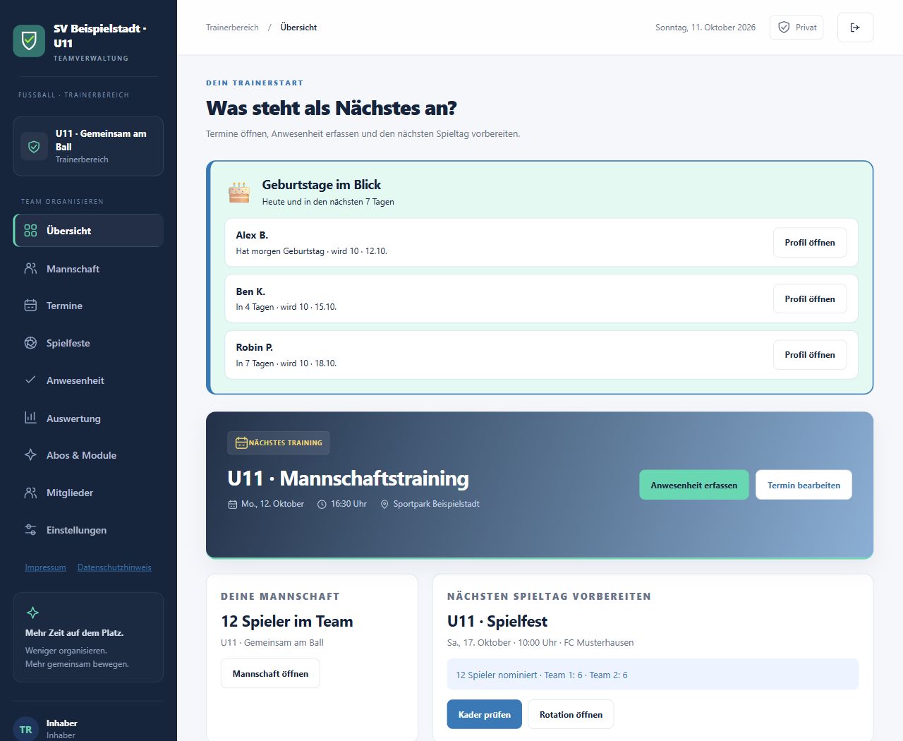 Übersicht der IT-Moers Teamverwaltung mit hervorgehobenen Geburtstagen und nächstem Training