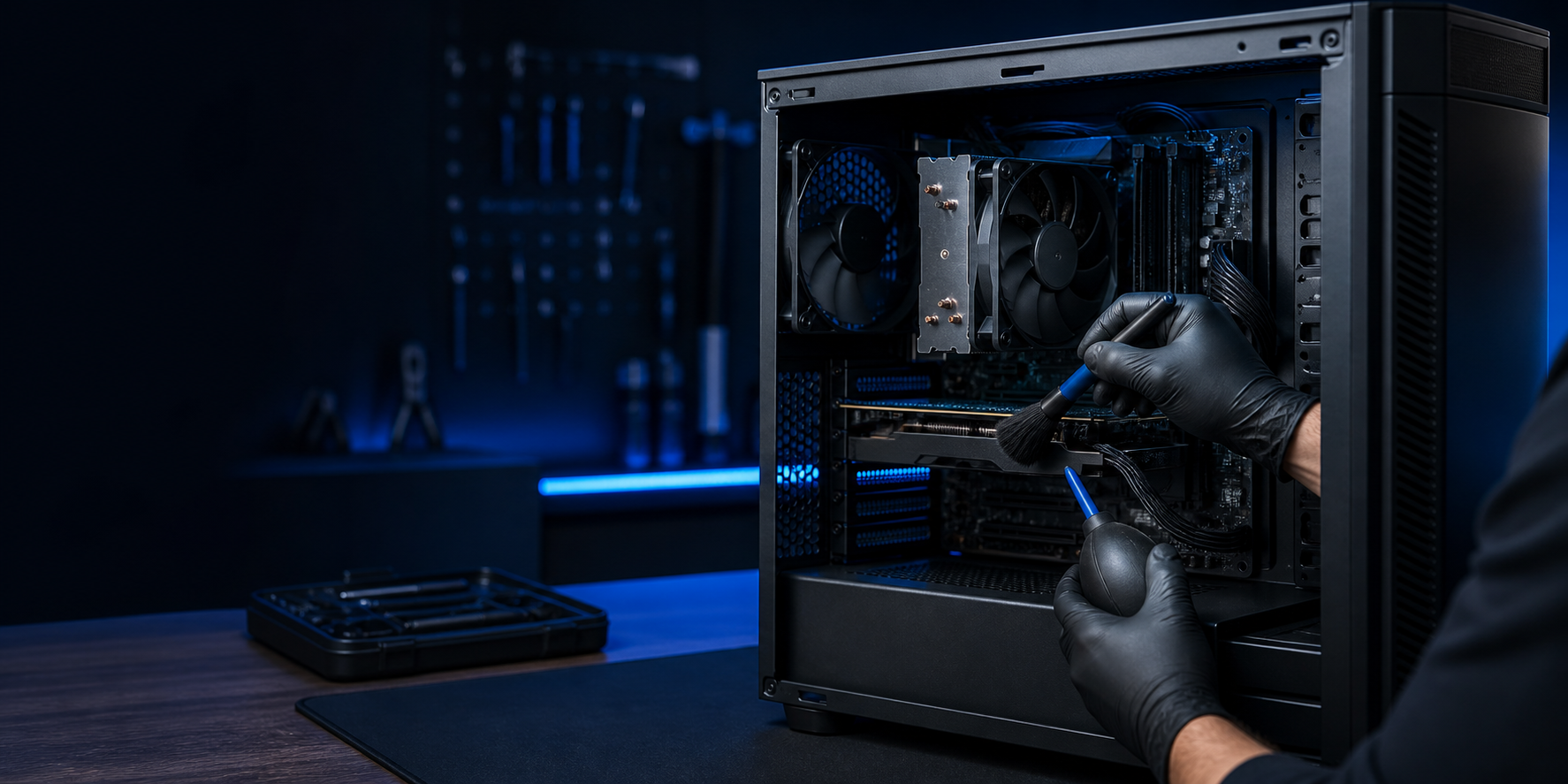 Professionelle Reinigung eines geöffneten Desktop-PCs